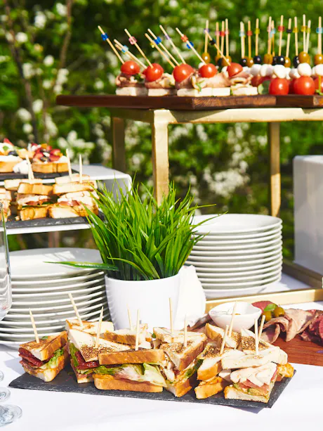 Summer barbecue buffet with, sandwiches, skewers, and fresh greenery centerpiece