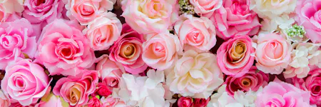Various shades of pink and white roses closely packed together, creating a dense floral arrangement.