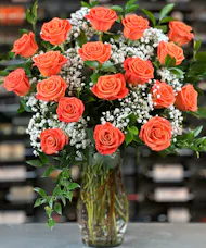 18  Orange Roses Baby's Breath