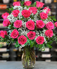 24 Hot Pink Roses With Baby's Breath