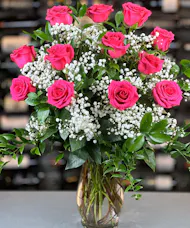 12 Hot Pink Roses With Baby's Breath