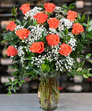 One Dozen Orange Roses With Baby's Breath