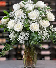 12 White Roses With Baby's Breath