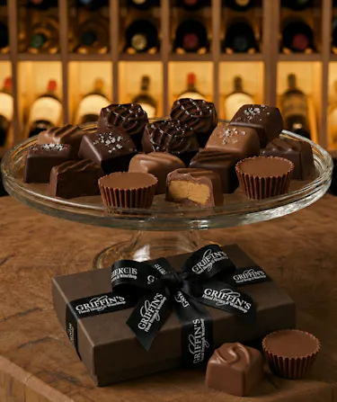 Handcrafted Ohio Amish gourmet chocolates including buckeyes, truffles, chocolate-covered pretzels, Oreos, cherries, and salted caramels.