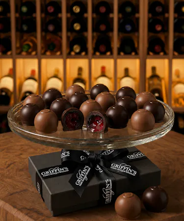 Handcrafted Ohio Amish chocolate-covered cherries in milk and dark chocolate gift boxes from Griffin's Floral Design.