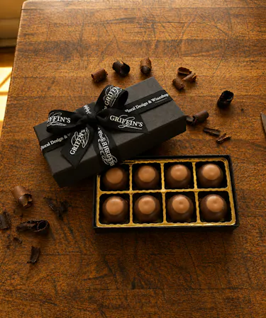 Handcrafted Columbus Ohio Amish peanut butter buckeyes coated in rich milk chocolate and packaged in Griffin's signature gift box.