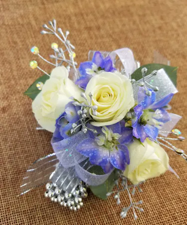 Blue White & Silver Wrist Corsage Columbus Ohio Florists Newark OH