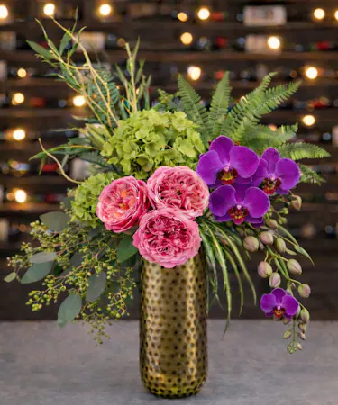 Gilded Valentine arrangement with pink garden roses and purple orchids delivered in Columbus, Ohio.