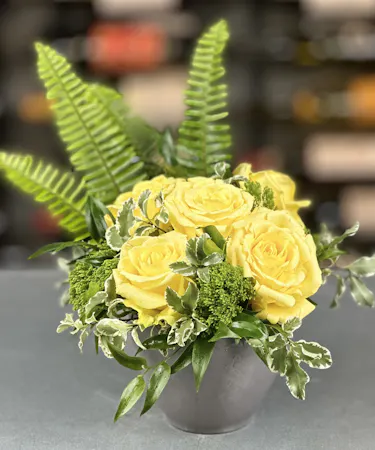 Part of the Mini Rose collection this elegant mini yellow rose bowl offers full-size roses delivered in Columbus, Ohio.