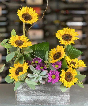 Modern sunflower and succulent arrangement with purple daisies in a rustic gray wood box, designed by Griffin’s Floral Design.