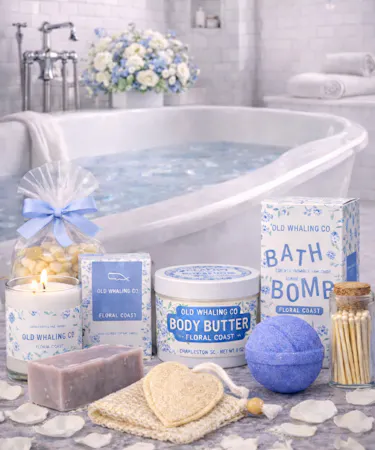 Old Whaling Co Floral Coast luxury spa gift box with candle, bath bomb, body butter and soap Columbus Ohio florist.
