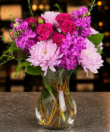 Hot pink roses, blush chrysanthemums and stock arranged in clear glass vase – Columbus Ohio florist