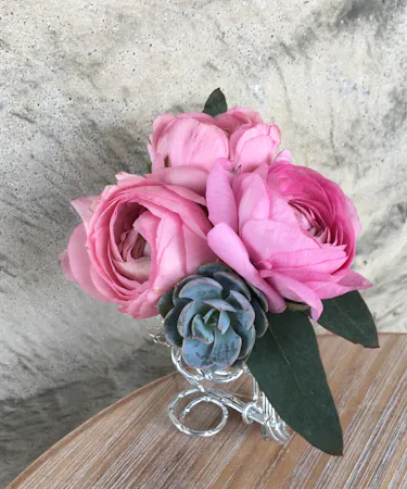 Pink Ranunculus with succulent Wrist Corsages columbus ohio florists newark OH