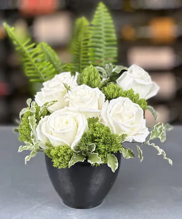 Part of the Mini Rose collection this elegant white Playa Blanca  rose bowl offers full-size roses delivered in Columbus, Ohio.
