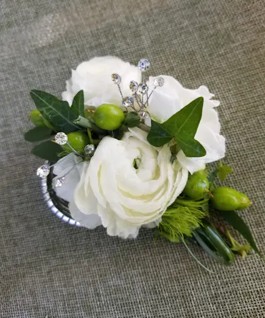 Ranunculus with Green Hypericum Berry Wrist Corsages Columbus Ohio Florists Newark Ohio