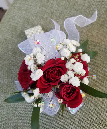 Red rose White ribbon & babys breath Wrist Corsage