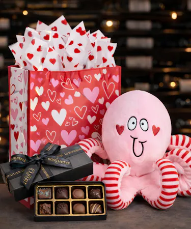 Pink plush octopus Valentine gift with chocolates delivered in Central Ohio.