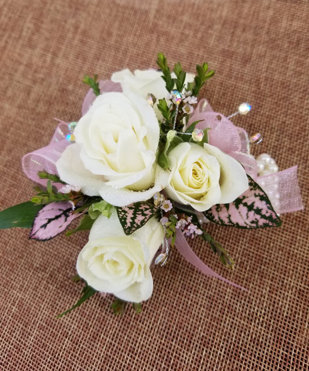 Wrist Corsage (White Flowers Pink Ribbon) In San Jose, CA, 45% OFF