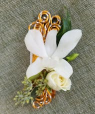 White Dendrobium Orchid Gold Accent Boutonniere