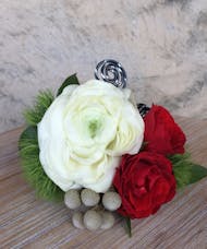 White Ranunculus With Red Rose Wrist Corsage