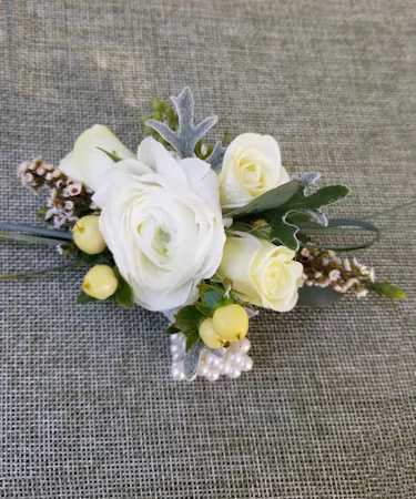 White Ranunculus with Hypericum Berry Wrist Corsages Columbus Ohio Florists Newark Ohio