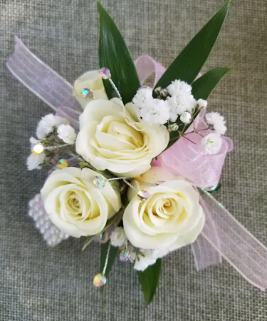 White rose pink ribbon & babys breath Wrist Corsages Columbus Ohio Florists Newark Ohio