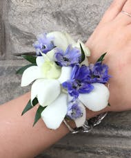 White Orchid & Blue Delphinium Wrist Corsage