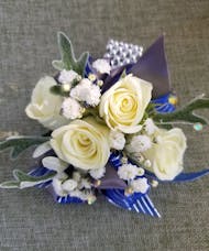 White rose royal blue ribbon & babys breath Wrist Corsage
