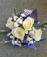 White rose royal blue ribbon & babys breath Wrist Corsage