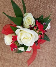 White Rose With Red Ribbon Wrist Corsage
