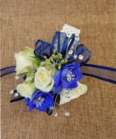 White Roses with blue accent Wrist Corsage Columbus Ohio Florists Newark OH