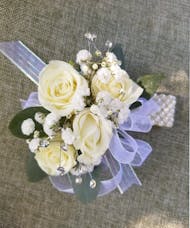 White rose lavender ribbon & babys breath Wrist Corsage