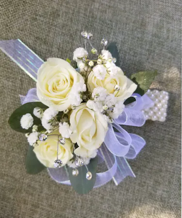 White rose lavender ribbon & babys breath Wrist Corsages Columbus Ohio Florists Newark Ohio