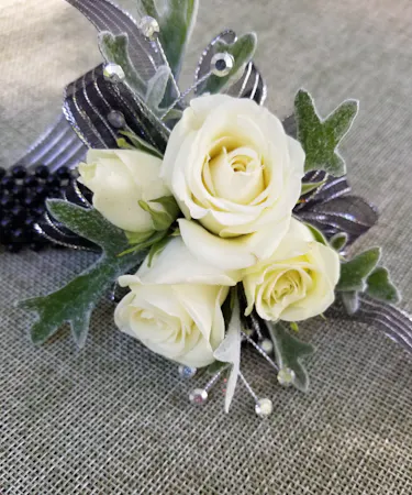 White rose with black and silver Wrist Corsages Columbus Ohio Florists Newark Ohio