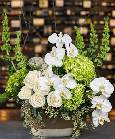 Wonders of Paradise Luxe white orchid and rose arrangement delivered in Columbus, Ohio.