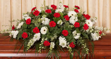 Red & White Remembrance Series Casket Spray Sympathy Flowers Columbus Ohio