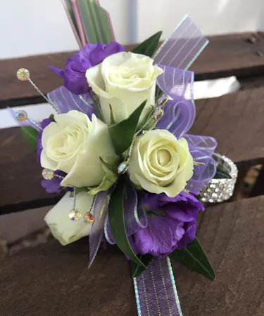 white rose and lavender ribbon Wrist Corsages Columbus Ohio Florists Newark Ohio